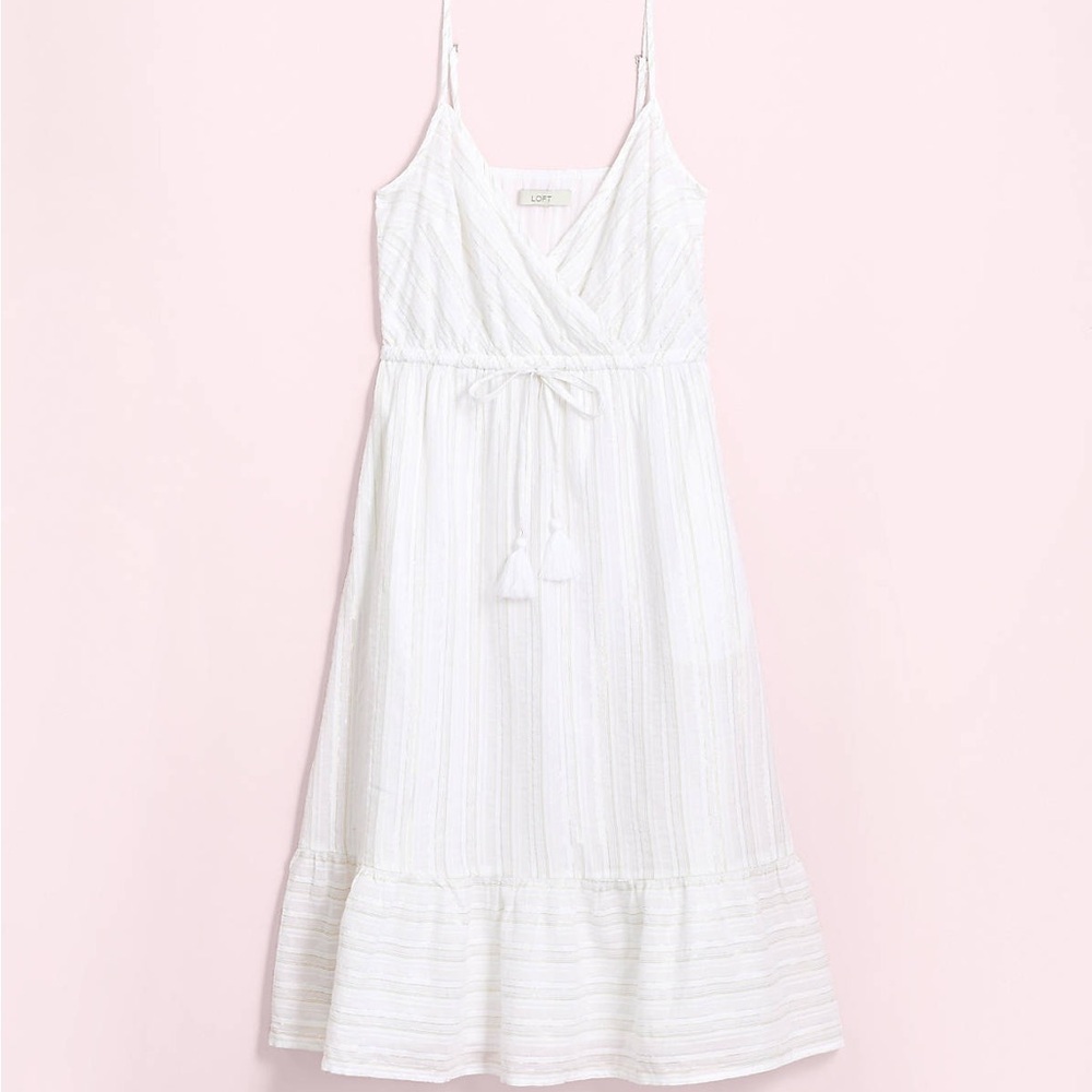 Loft Plus White Shimmer Stripe Strappy Pocket Midi Dress
